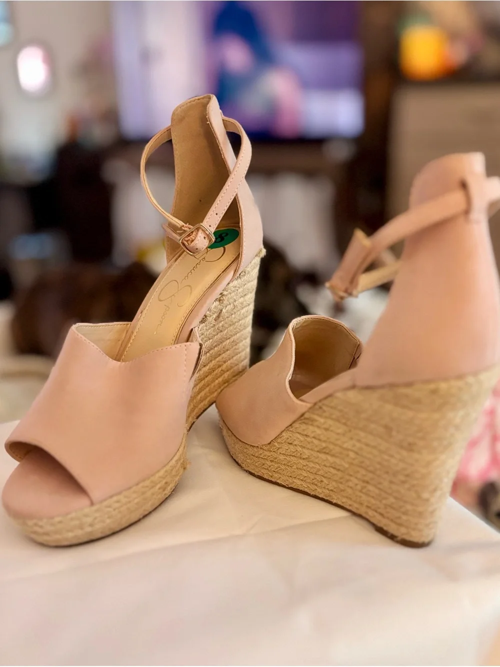 Jessica Simpson Pink Peep Espadrille Wedge Sandals with Ankle Strap